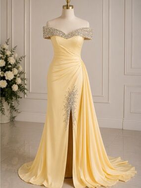 Butter yellow VALDRIN SAHITI crystal satin gown!